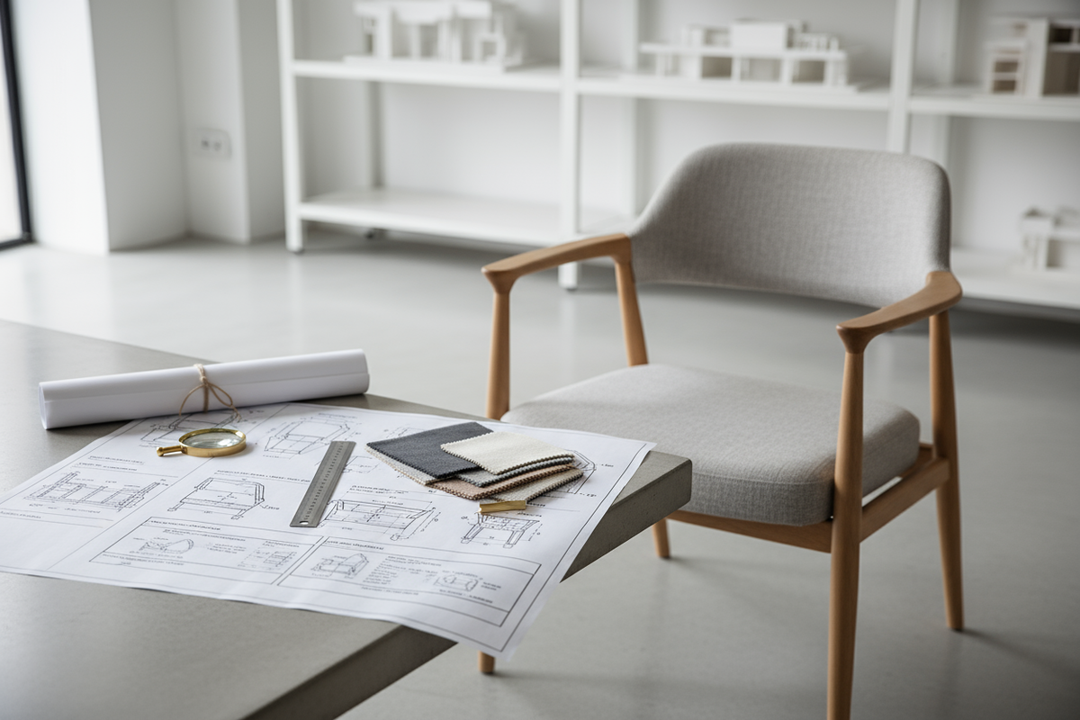 Furniture spec sheets for Shopify displayed on a table with design materials and a modern chair.